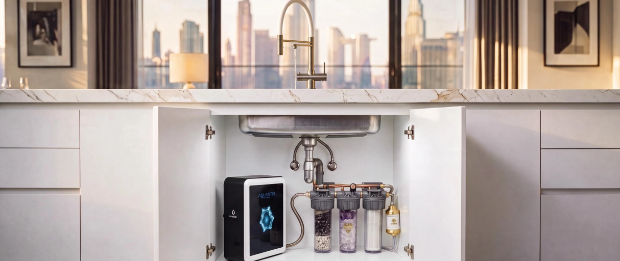AQUANTIS UrQuelle Diamant system under a kitchen sink in a luxury apartment